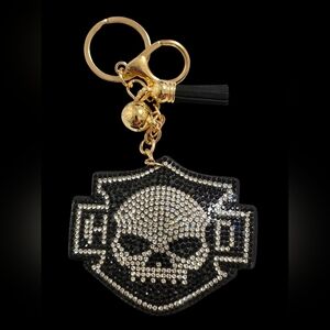 Crystal Harley Davidson Skull Bag Charm Keychain with Gold Accents